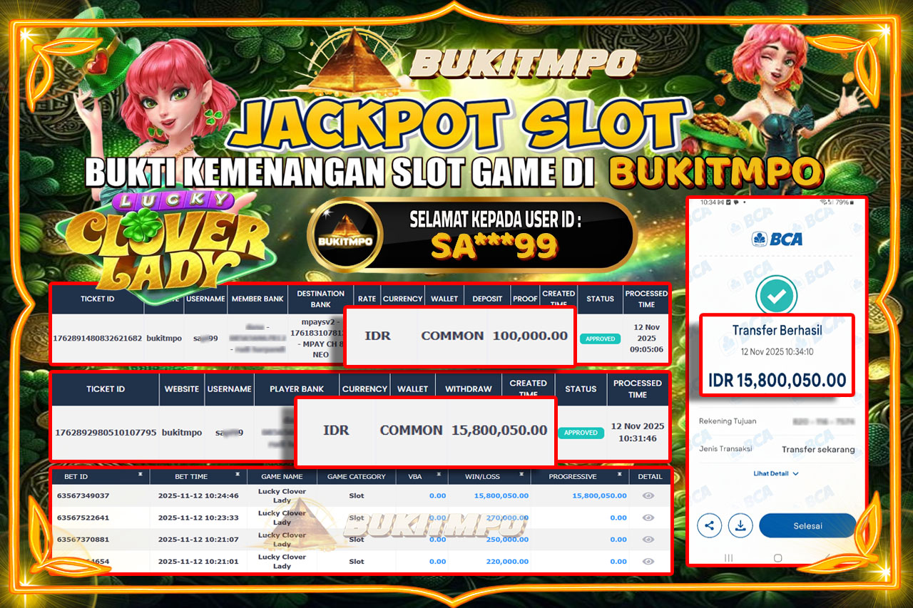 BUKITMPO JACKPOT LUCKY CLOVER LADY Rp.15.800.050,- LUNAS
